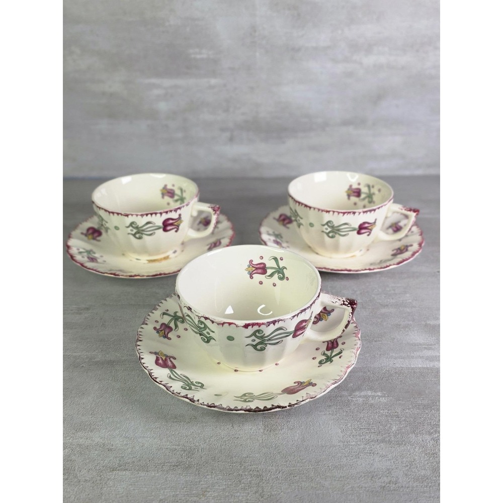Vintage Old Dutch Tulip Pattern Flat Cup & Saucer By Limoges-American 3 Set